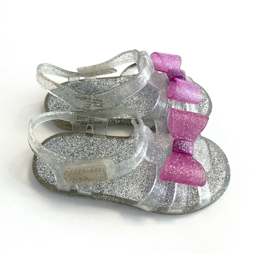⚡️4/$20⚡️Garanimals Silver Glitter JELLY Sandals with Pink Bow KIDS Girls Size 5